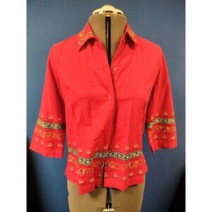 Sag Harbor Petite Red Embroidered Button-Up Top 3/4 Sleeve Womens PX/S Linen Ble